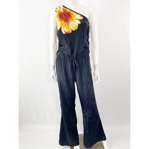 Venus Black Floral One Shoulder Sleeveless Flare Leg Jumpsuit Size 2